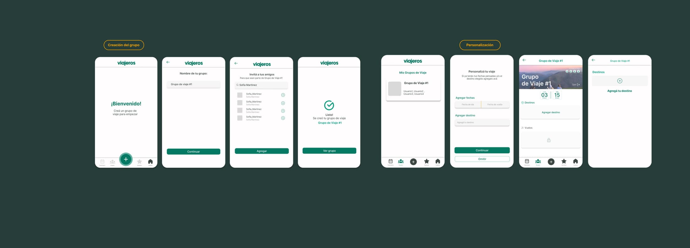 Pantallas — creación del grupo y personalización